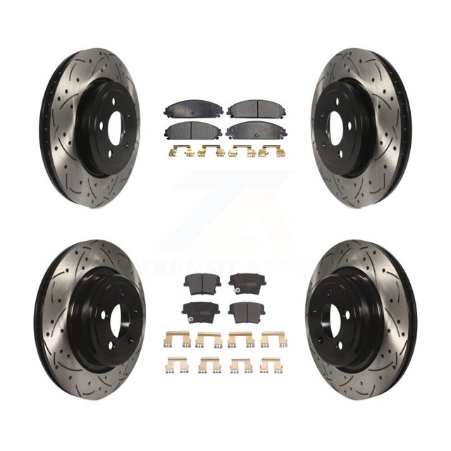 Transit Auto Front Rear Coated Drilled Slotted Disc Brake Rotors and Semi-Metallic Pads Kit for Car Dodge Charger with Police Package KDF-100250