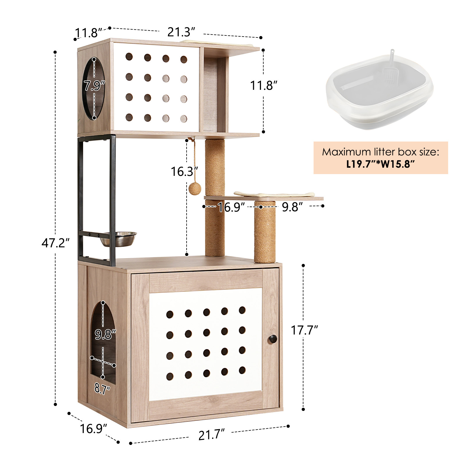 YIYADO Cat Tree with Litter Box, Indoor Cat Integrated Cat Tower with Large Hammock, Bed, Food Station, Scratching Post, Modern Style Pet Furniture, Gray + White