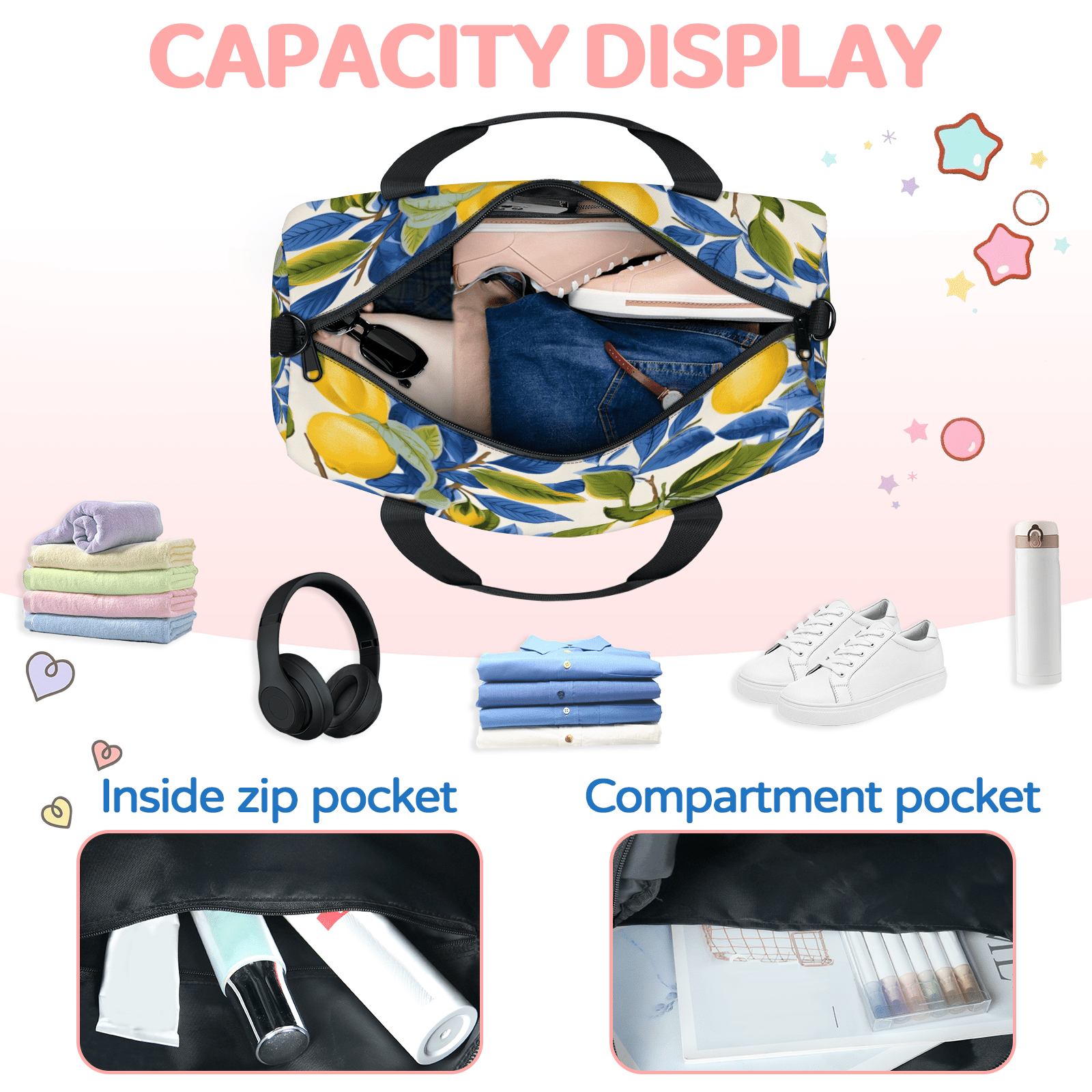 Herdesigns Lemon Gym Bag for Women, Duffle Bag for Travel Sport, Lemon Theme Lightweight Waterproof Carry on Weekender Dance Yoga Workout Bags