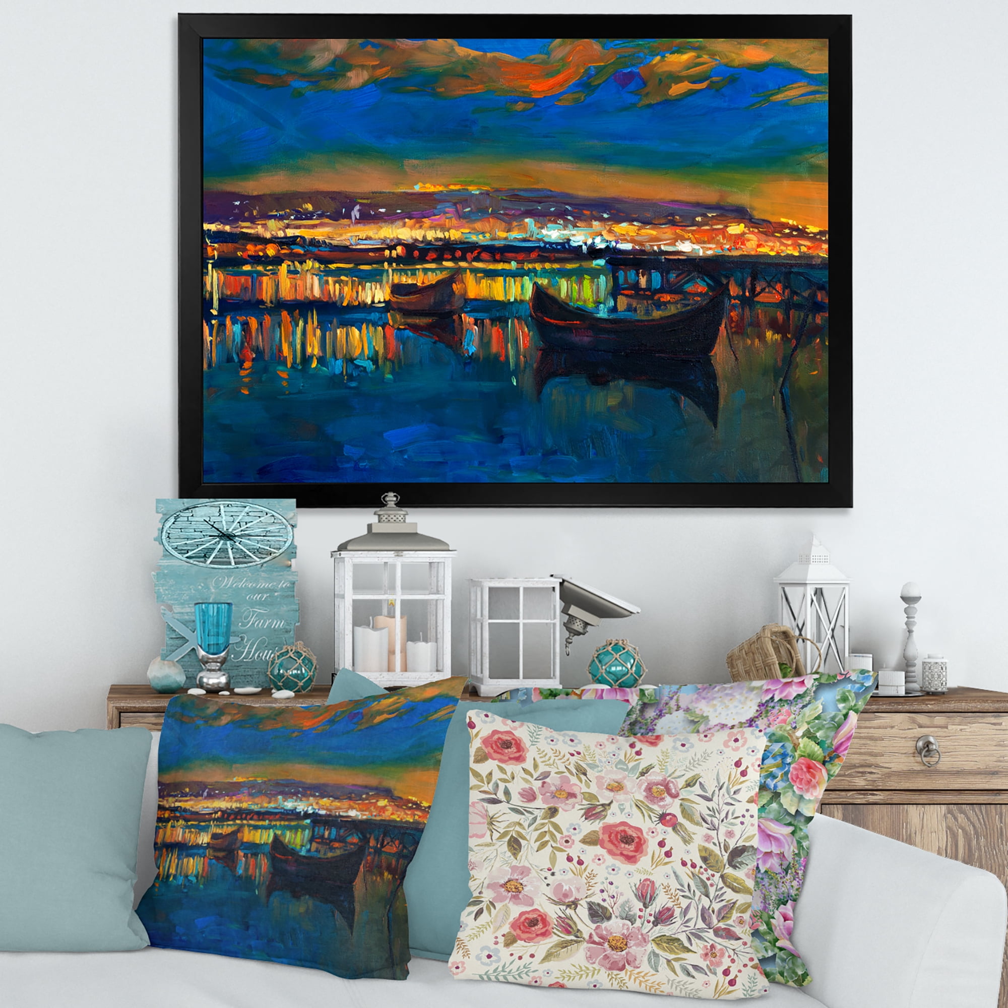 Designart 'Two Little Boats In The VIllage Harbor Ar Night' Nautical & Coastal Framed Art Print