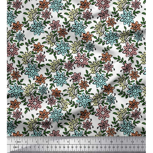 Soimoi Velvet Fabric Leaves & Floral Block Print Fabric by The Yard 58 Inch Wide