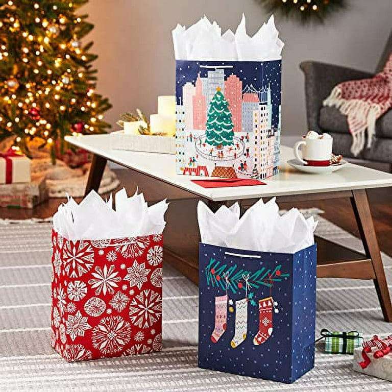 Hallmark 13 Large Cute Christmas Gift Bags 3 Bags Pink Stockings on Branch Paper Snowflakes Ice Skating in the City for Kids Teens Friends Teachers Walmart