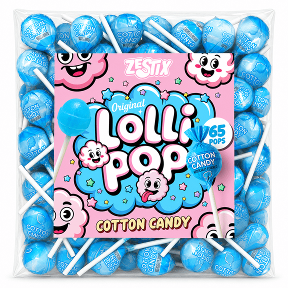 Zestix Cotton Candy Lollipops 65ct, Bulk Mini Suckers, Individually Wrapped Lollipop Candy for Kids, Parties, Goodie Bags & Party Favors