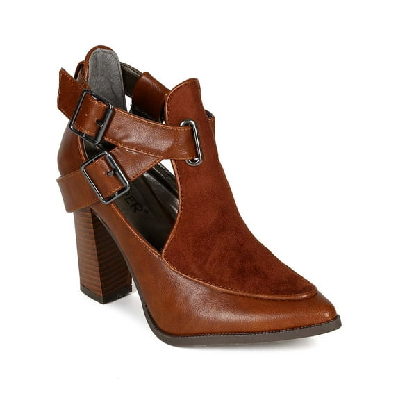 New Women Bumper Odin05 Mixed Media Pointy Toe Cut Out Buckle Chunky Heel Bootie