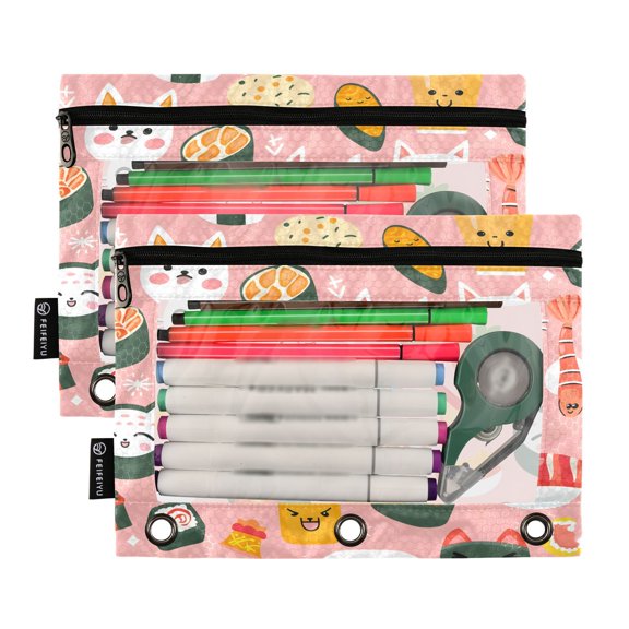 Ckdifva Cat Sushi Pencil Pouch 3 Ring Zipper Pencil Case Binder Pockets Clear Top Cosmetic Bag 2 Pack
