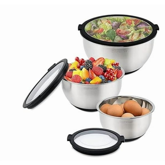 Mixing Bowls with Lids Set Non Slip Silicone Bottom Stainless Steel Mixing Kitchen Bowls for Baking/Storage Dishwasher Safe