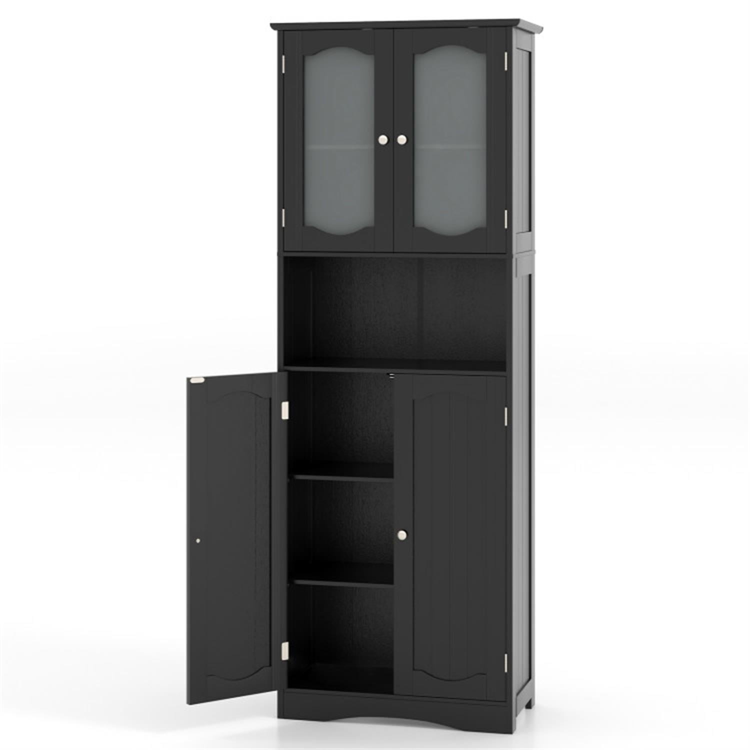 Demi Bonn 64.5" Tall Freestanding Bathroom Storage Cabinet with Frost Glass Doors and Shelves, Pantry Cabinets, Black