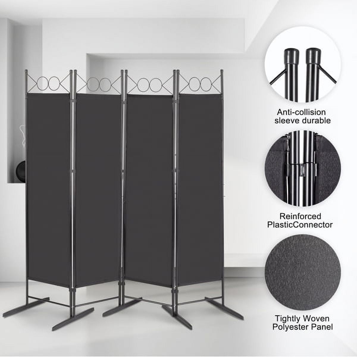 5.74Ft Foldable Screen, 4-Fold Top With Shape 160g Polyester Cloth Plastic Feet Carbon Steel Frame, Black