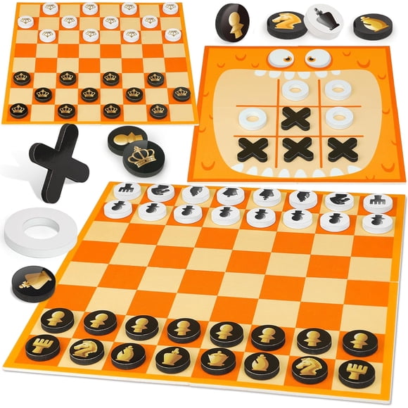 Chess and Checkers Board Game, 3-in-1 Tic Tac Toe Vintage Table Game with Mat, Lawn Party Favor Activity Indoor Outdoor Travel Toy for Family Play