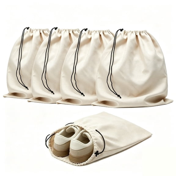 4 Piece Travel Shoe Bags, 17.7 x 13.8 Inch Flannel Shoe Pouch, Drawstring Closure Dustproof Washable Reusable Storage Bags for Travel Home Organizer, Beige