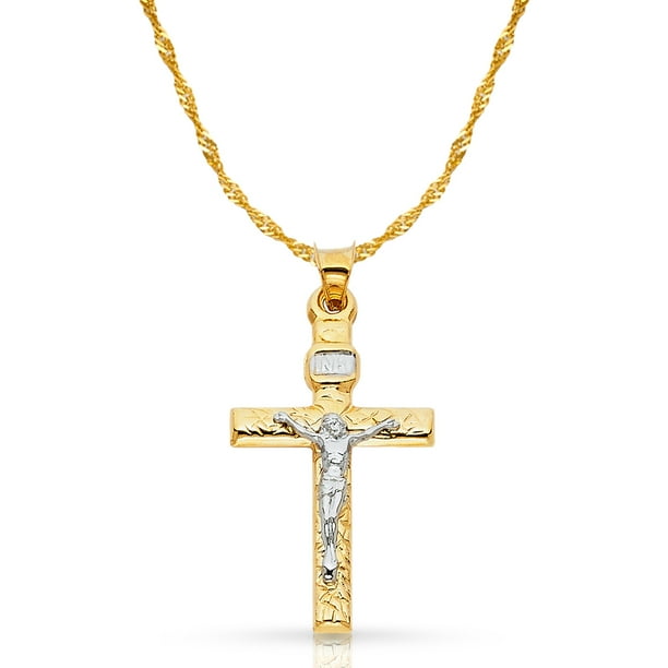 Ioka 14K Two Tone Gold Crucifix Cross Pendant with 1.2mm Singapore