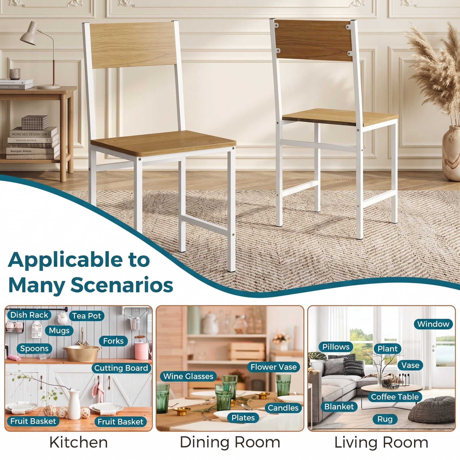 Furnibear Set of 4 Dining Chairs with Metal Legs and Slanted Back, Wood Grain Kitchen Side Chairs, Armless Dining Room Chairs with 300 lbs Capacity for Home, Natural