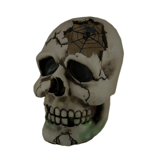 Color Changing LED Lighted Cracked Skull w/Web Statue