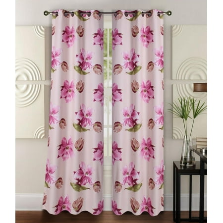 Magnolia Draperies - FLORAL#4 1-Piece Pink Magnolia Room Darkening Block Light Grommet Top Printed Window Curtain Panel 37