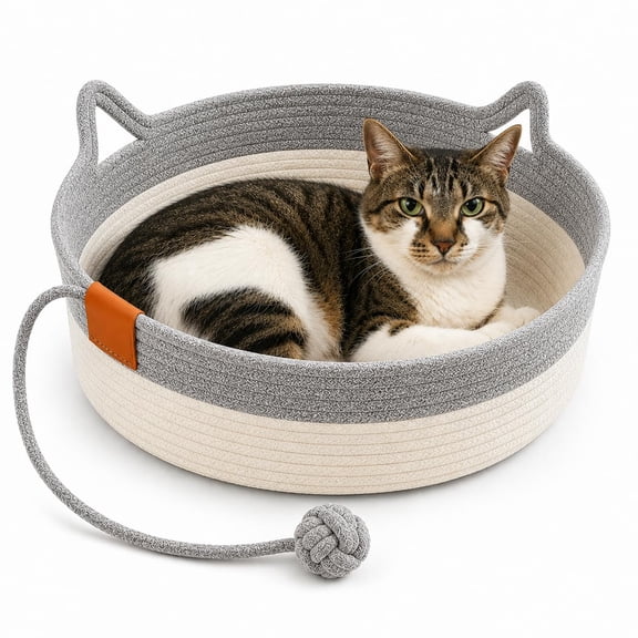 Round Woven Cat Scratcher Bed with Ear Shape, Plush Four Season Pet Nest with Hanging Tail Toy, Scratch Resistant Breathable Cat Rest Pad