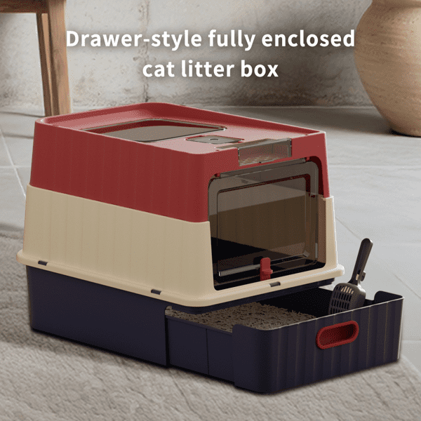 imerelez White Thick Stainless Steel Fully Enclosed Cat Litter Box, Flip-Top 120° Wide Angle, Transparent Top, Odor Control with Carbon, Leak Proof, Large Space for Big Cats, Includes Scoop & Mat