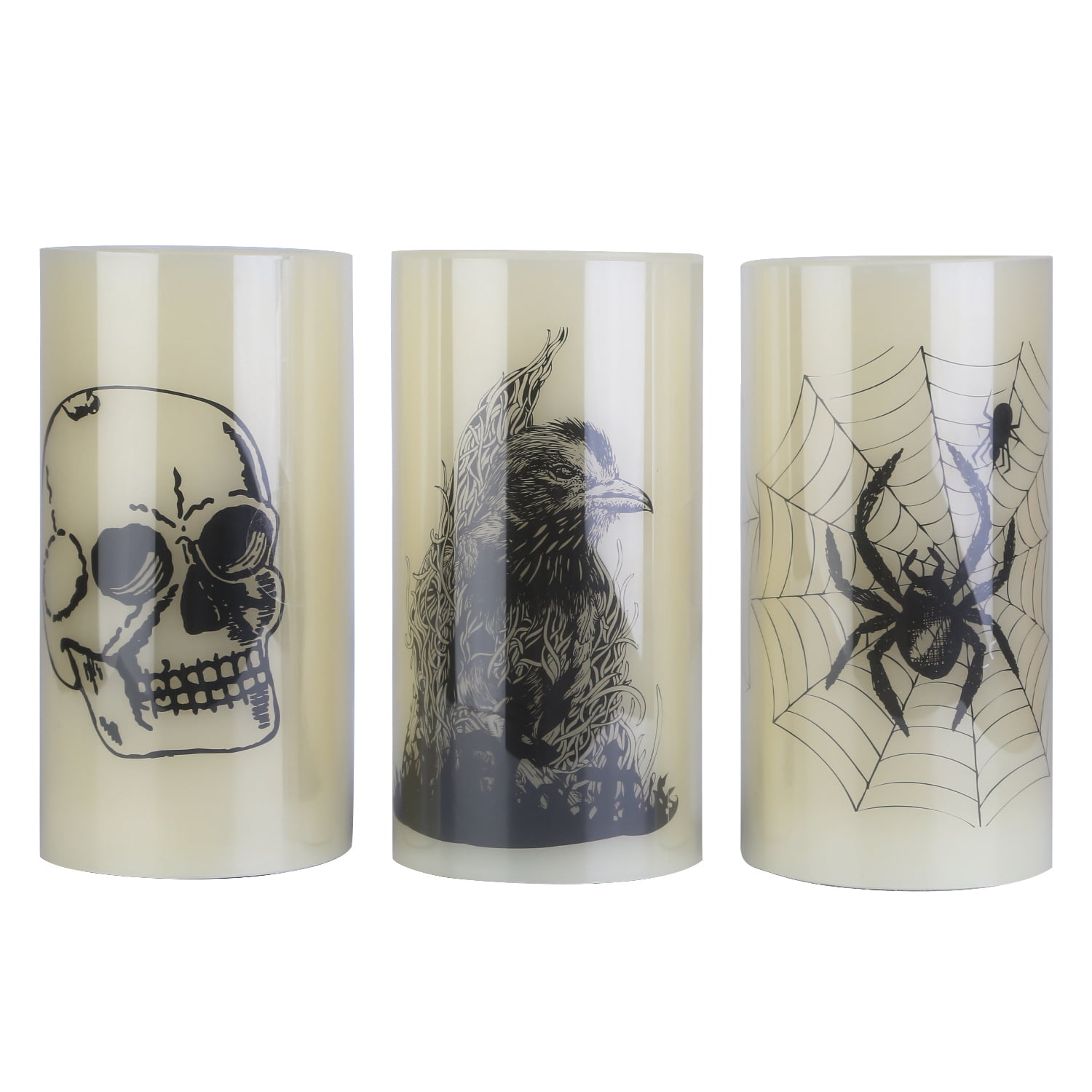 Moclever 3Pack Halloween Flameless Candles with Timer, Battery Operated LED Candle Lights, Spider Crow Skull Design for Party Decoration
