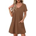 thumbnail image 1 of Vestido Corto de Verano de Moda de Color Sólido Vestido Casual de Cuello en V de Manga Corta, Desgaste Ligero de Poliéster para las Mujeres, Lavado de Manos, 1 of 9