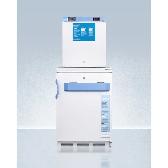 Stacked combination of FF7LWBIMED2 auto defrost all-refrigerator and FS24LMED2 compact manual defrost all-freezer, both with locks, digital controls, and NIST calibrated alarm/thermometers