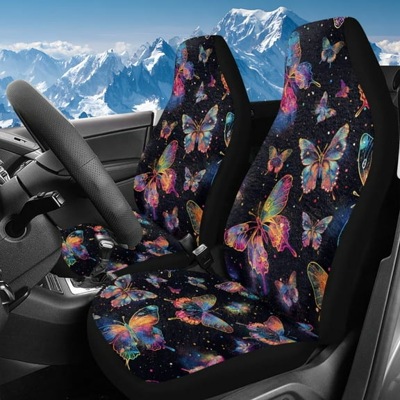 Uorisanigo Car Seat Covers Front Set Colorful Butterfly High Back Bucket Seat Cover Coral Velvet Fabric Seats Covers Fits Most Cars, SUVs, Trucks, and Vans, Car Accessories for Women Men
