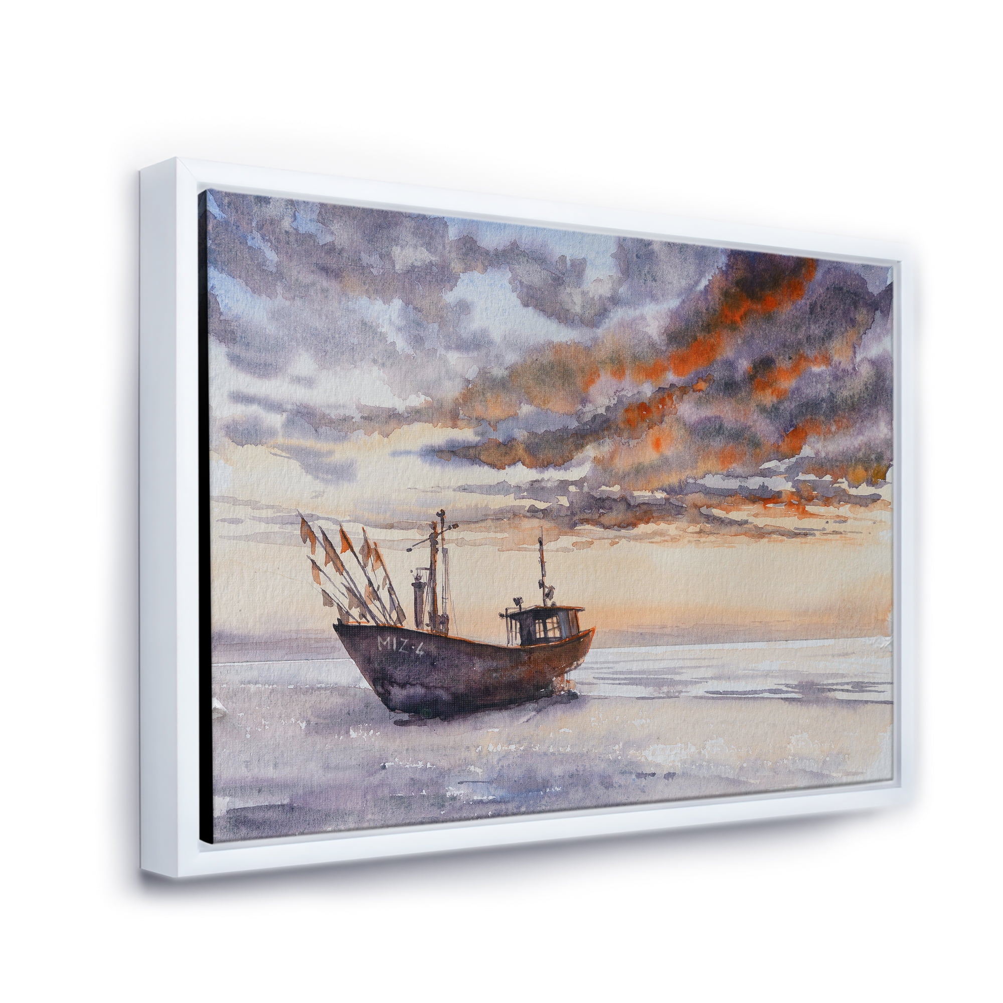 Designart 'Wooden Fishing Boat On The Baltic Shore With Evening Clouds' Nautical & Coastal Framed Canvas Wall Art Print