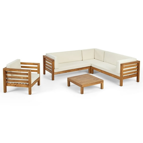 GDF Studio Cascada Outdoor Acacia Wood 6 Seater Sectional Sofa Chat Set with Cushions, Teak and Beige