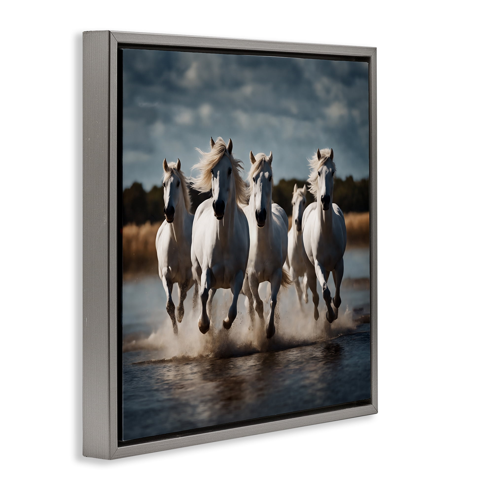 Stupell Industries Galloping Stallions Splash Animals Painting Gray Floater Framed Canvas Art Print Wall Art, 25 x 25