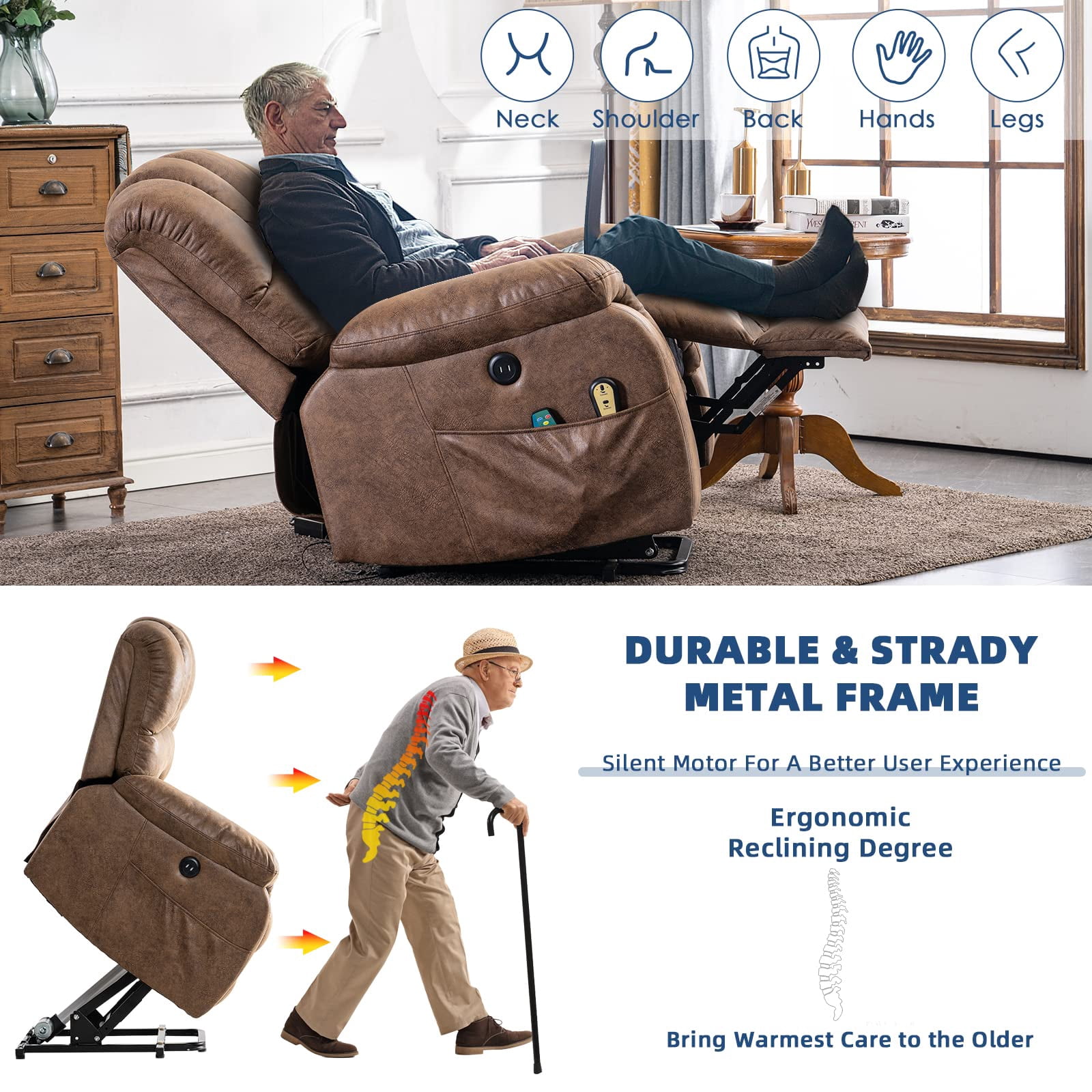 SOCIALCOMFY Large Power Electric Lift Recliner Chair for Elderly Big People, Heated Massage Motorized Reclining Sofa, Wide Recliners with 2 Remote Controls, Side Pockets & USB Ports, Brown