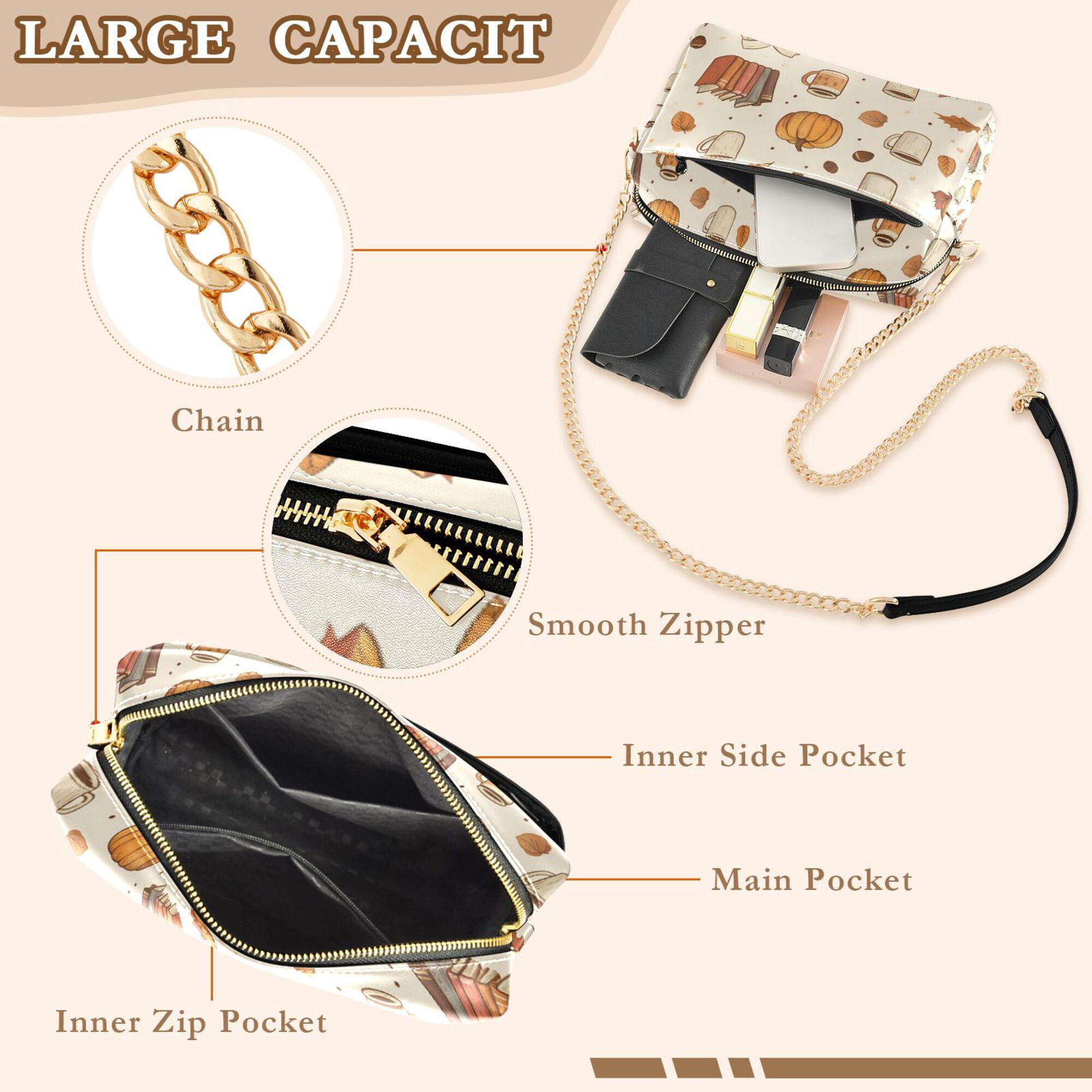 FORMRS Women Crossbody Purse with Chain Strap Vegan Leather Shoulder Handbag, Fall Beige Pumpkin