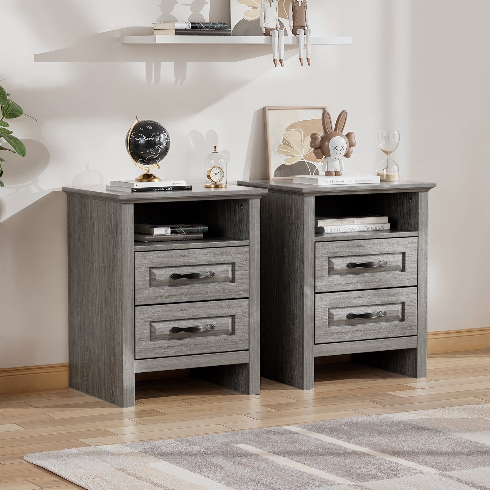 CHITOOMA 2-Drawer Nightstand with Charging Station, Farmhouse Bedside Table with Open Shelf, Small Wood End Table for Bedroom Living Room, Gray