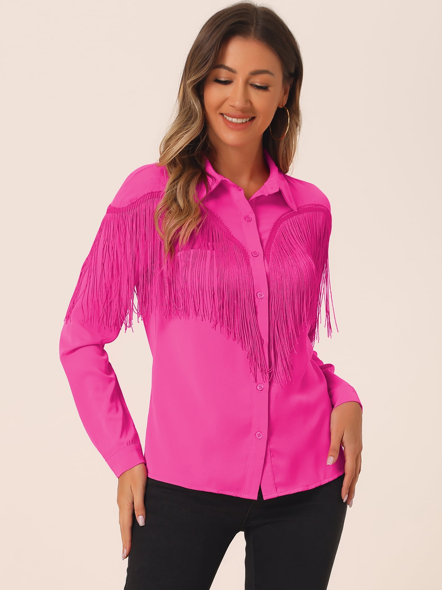 DARING DIVA Women's Fringe Long Sleeve Button Down Disco Party Blouse M Red