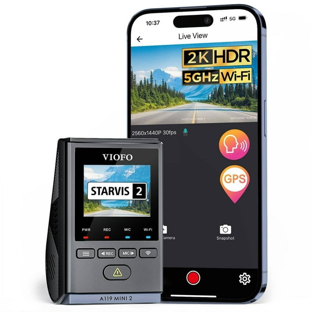 VIOFO Dashcam para Auto A119 Mini 2, Sensor STARVIS 2, Cámara para Coche con Control por Voz, Resolución 2K a 60 fps/HDR a 30 fps, Wi-Fi de 5GHz, Visión Nocturna 2.0, Modo de Estacionamiento 24H