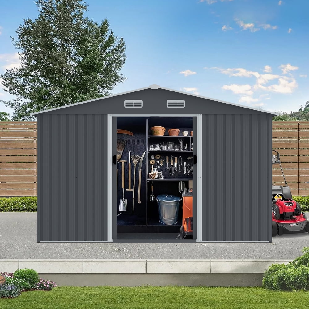 8x10 FT Metal Tool Shed - Features Sliding Doors & Ventilation for Lawn Mowers & Bike Storage