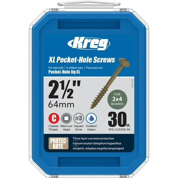 Kreg SML-C2X250-30 Protec-Kote Pocket Screws, 2 1/2-Inch #14 Coarse Thread, Maxi-Loc Head (30 Count)