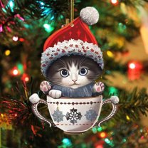 Taicans Cute Cat in Red Tea Cup Christmas Ornament - 8cm/3.1in Handmade Holiday Tree Decoration,Festive Gift for Xmas,Cute Hanging Decor,2D