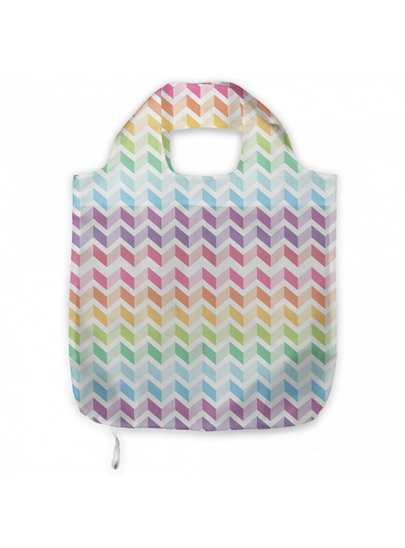 Zigzag Reusable Market Bag, Op Art Illusion Style Rainbow Colors Inspired Geometric Wavy Chevron Stripes Art, Printed Foldable Bag for Shopping and Grocery Large Capacity, Multicolor, by Ambesonne