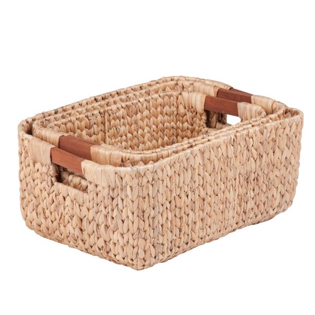 Honey Can Do Woven Water Hyacinth Baskets with Handles, Brown (Set of 3)