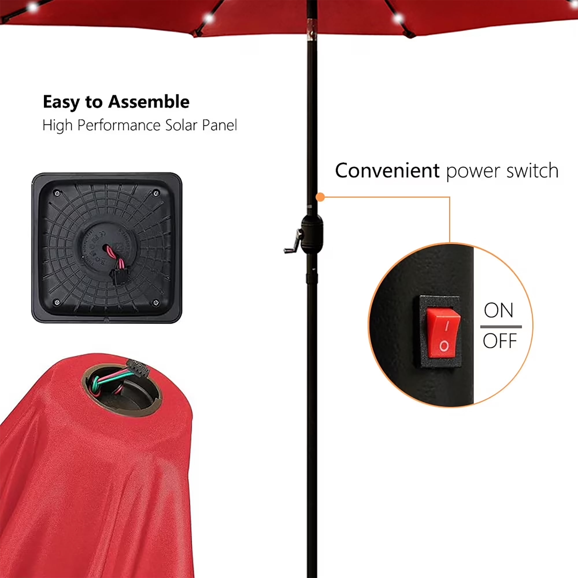 ULTRASHDE 9ft Solar LED Lighted Patio Umbrella, Table Market Umbrella, Outdoor Umbrella for Garden, Deck, Backyard, Pool and Beach, Red