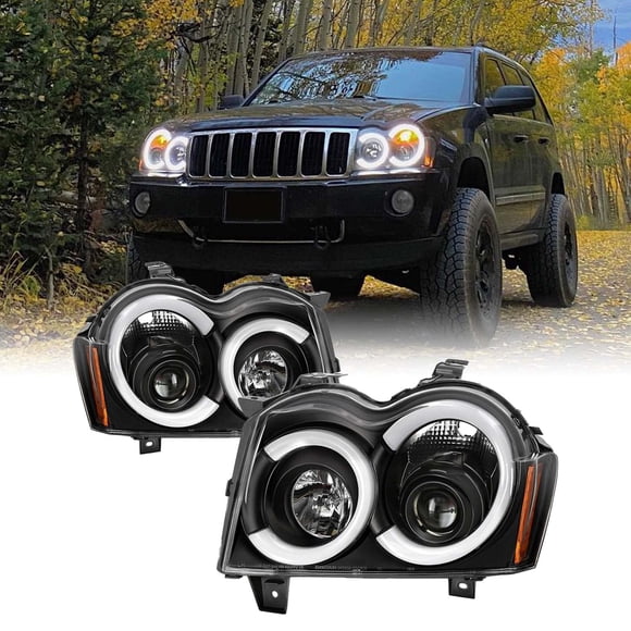 AKKON - Convient aux Jeep Grand Cherokee 2005 2006 2007 à DEL [C-Tube] Projecteur à Barre Lumineuse Phares Noirs Paire Gauche + Droite
