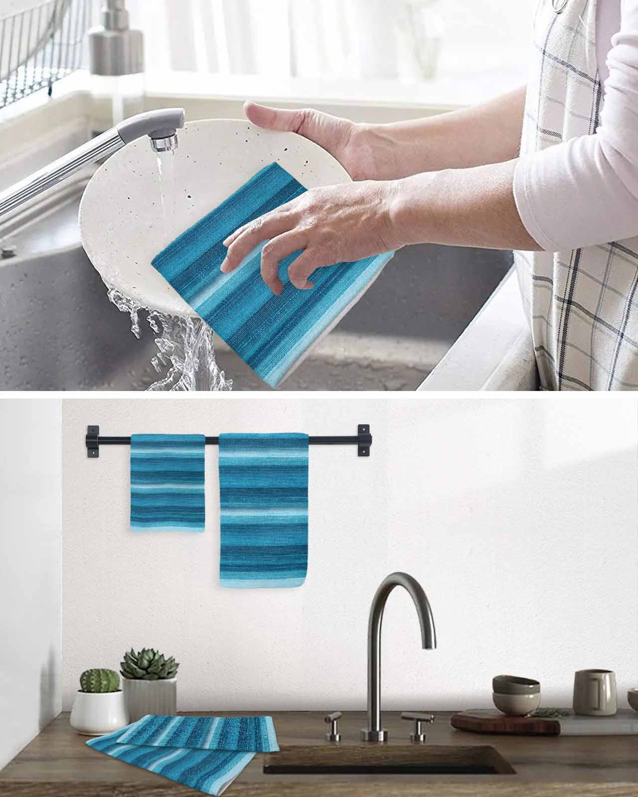 Turquoise Teal Ombre Kitchen Dish Towels for Drying Dishes Set of 3, Farmhouse Modern Abstract Striped Waffle Weave Microfiber Terry Hand Tea Bathroom Towels Quick Dry & Absorbent Towel 15.7x23.6