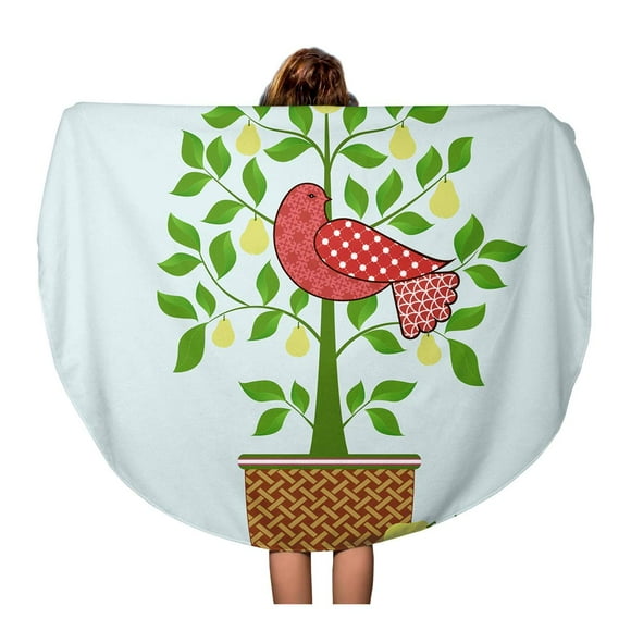 NUDECOR 60 inch Round Beach Towel Blanket Green Whimsical Partridge in Pear Tree Christmas Bird Pink Travel Circle Circular Towels Mat Tapestry Beach Throw
