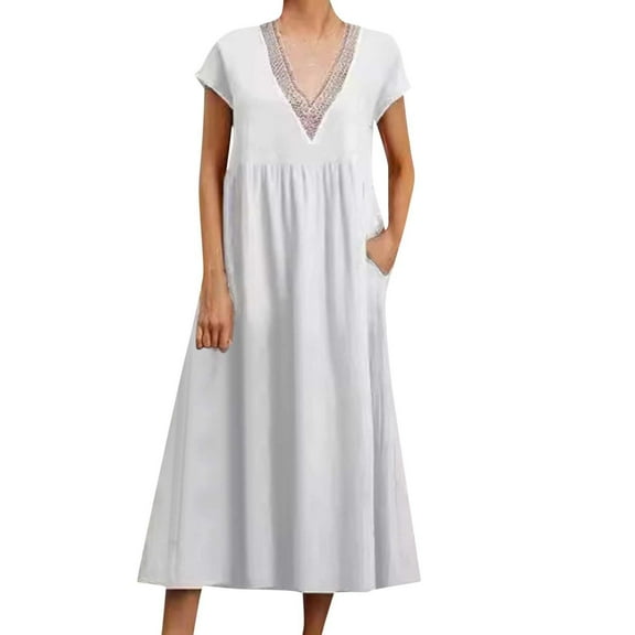 XuJwPNcy Summer Dresses for Women Short Sleeve Lace V Neck Midi Dress Casual Loose Beach Dresses with Pockets