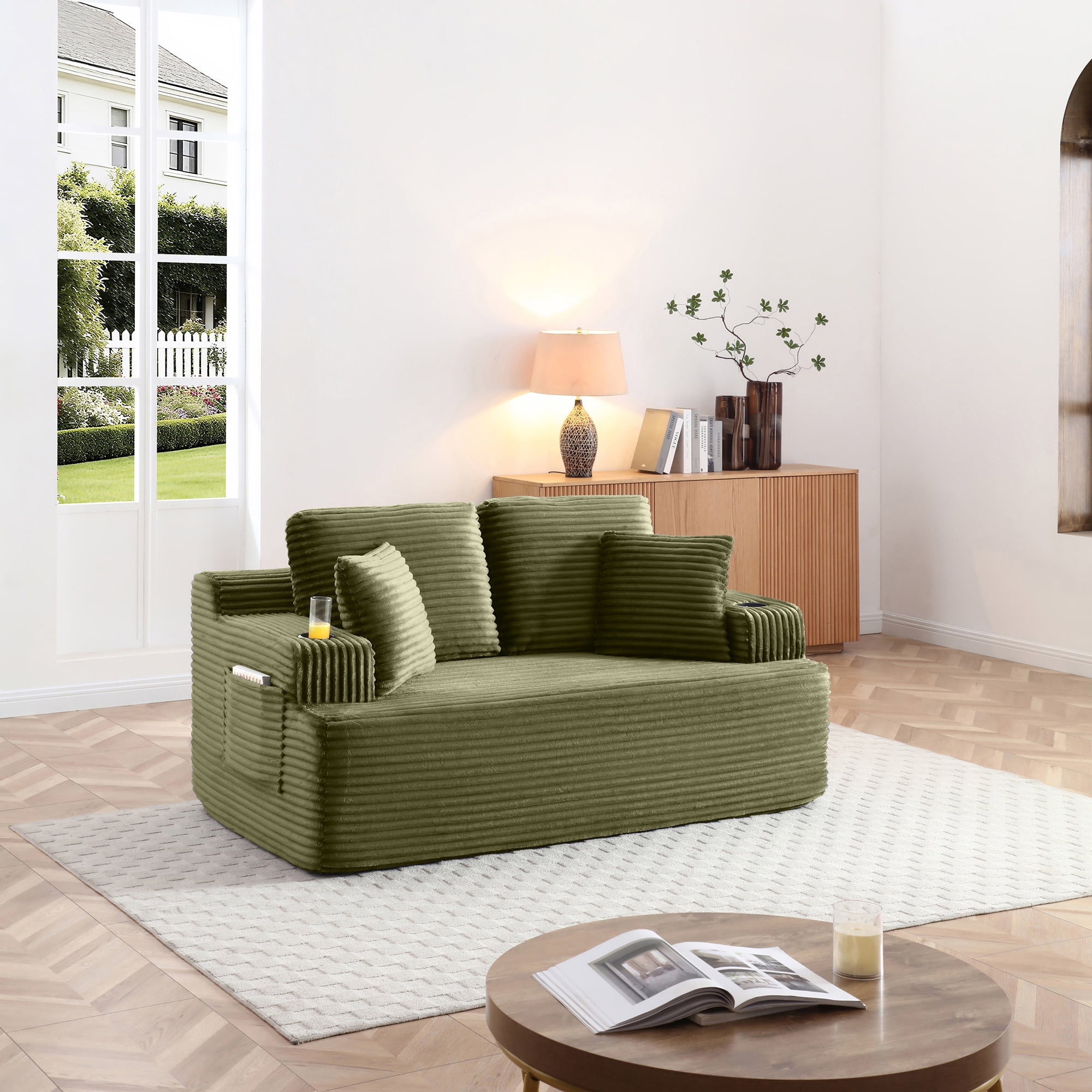 Miniyam Compact Floor Sofa Chair, 2-Seat Cloud Couch with Dual Side Pockets, Soft Corduroy, No Assembly Required, Perfect for Dorm or Cozy Corner (Green)