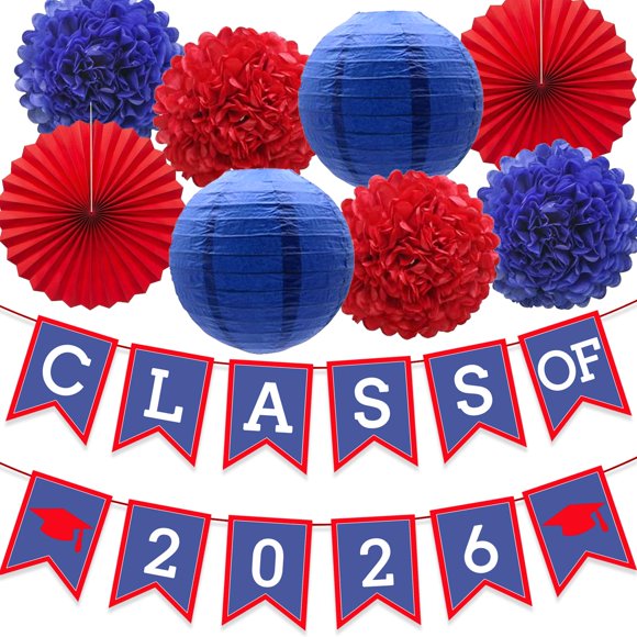 Decoración para fiesta de graduación DOMOO OF DREAMS Banner azul y rojo