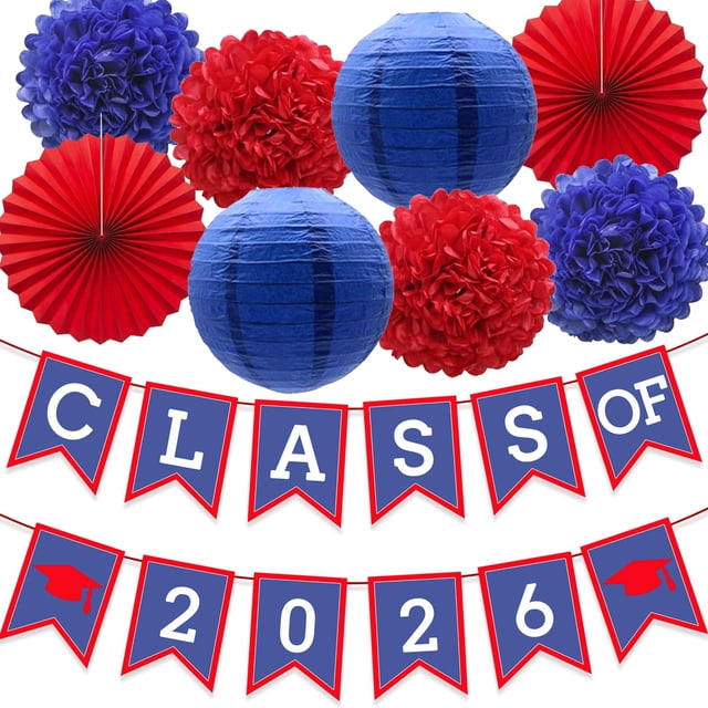 Decoración para fiesta de graduación DOMOO OF DREAMS Banner azul y rojo