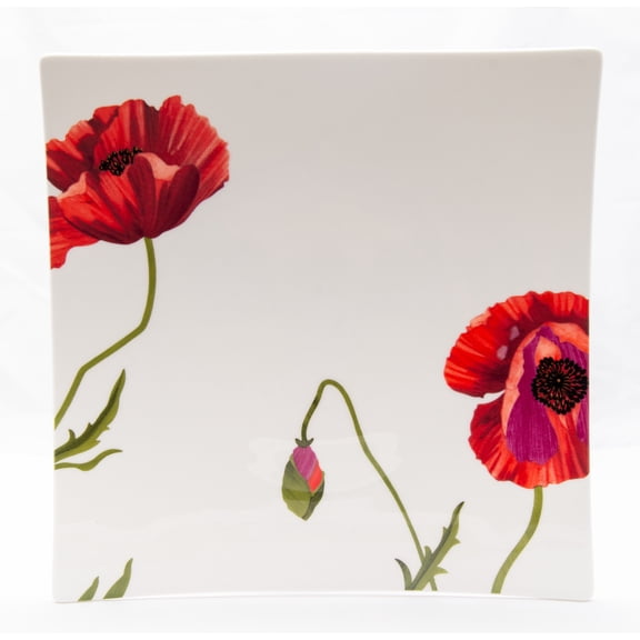 Red and White Six Piece Square Floral Bone China Service For Six Dinner Plate Set