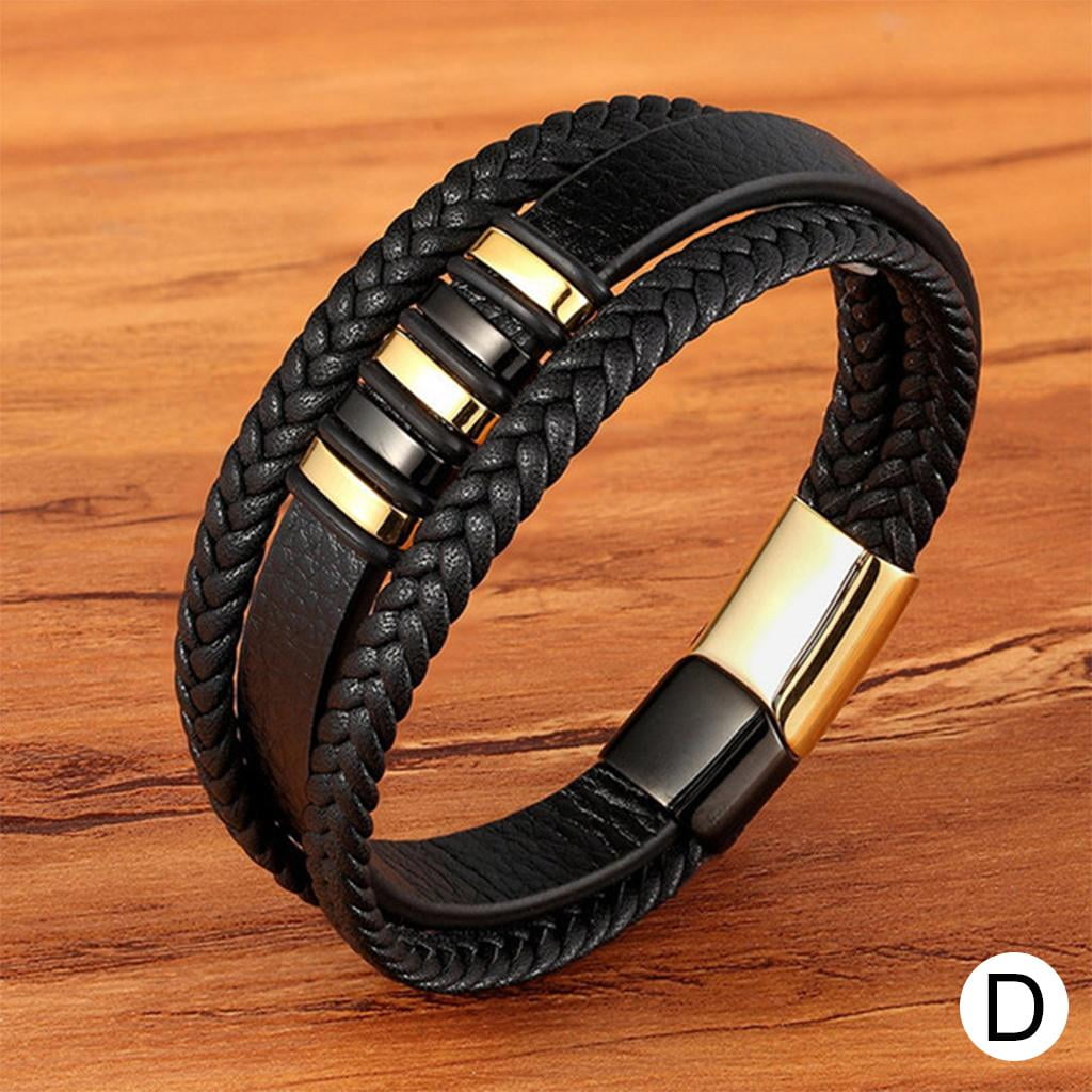 Black leather and gold mens bracelet best sale