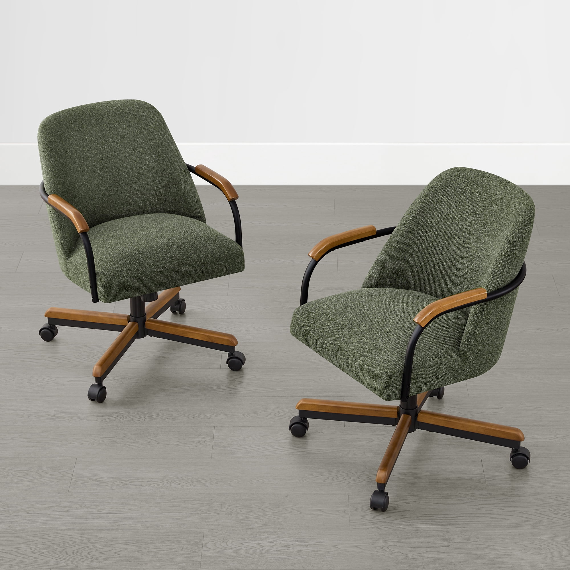 Spruce & Spring Swivel Dining Chairs Set of 2, Upholstered Tilt Chairs with Caster Wheels, Metal Frame & Wood Accents, for Dining Room, Kitchen & Home Office, Green Fabric