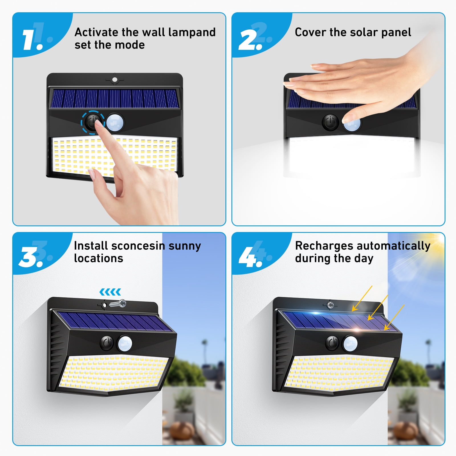 4 Pack Solar Lights Outdoor, Motion Sensor Solar Security Lights Waterproof with 3 Lighting Modes Solar Powered Wall Lights Outside for Garden Fence Yard Deck, Black