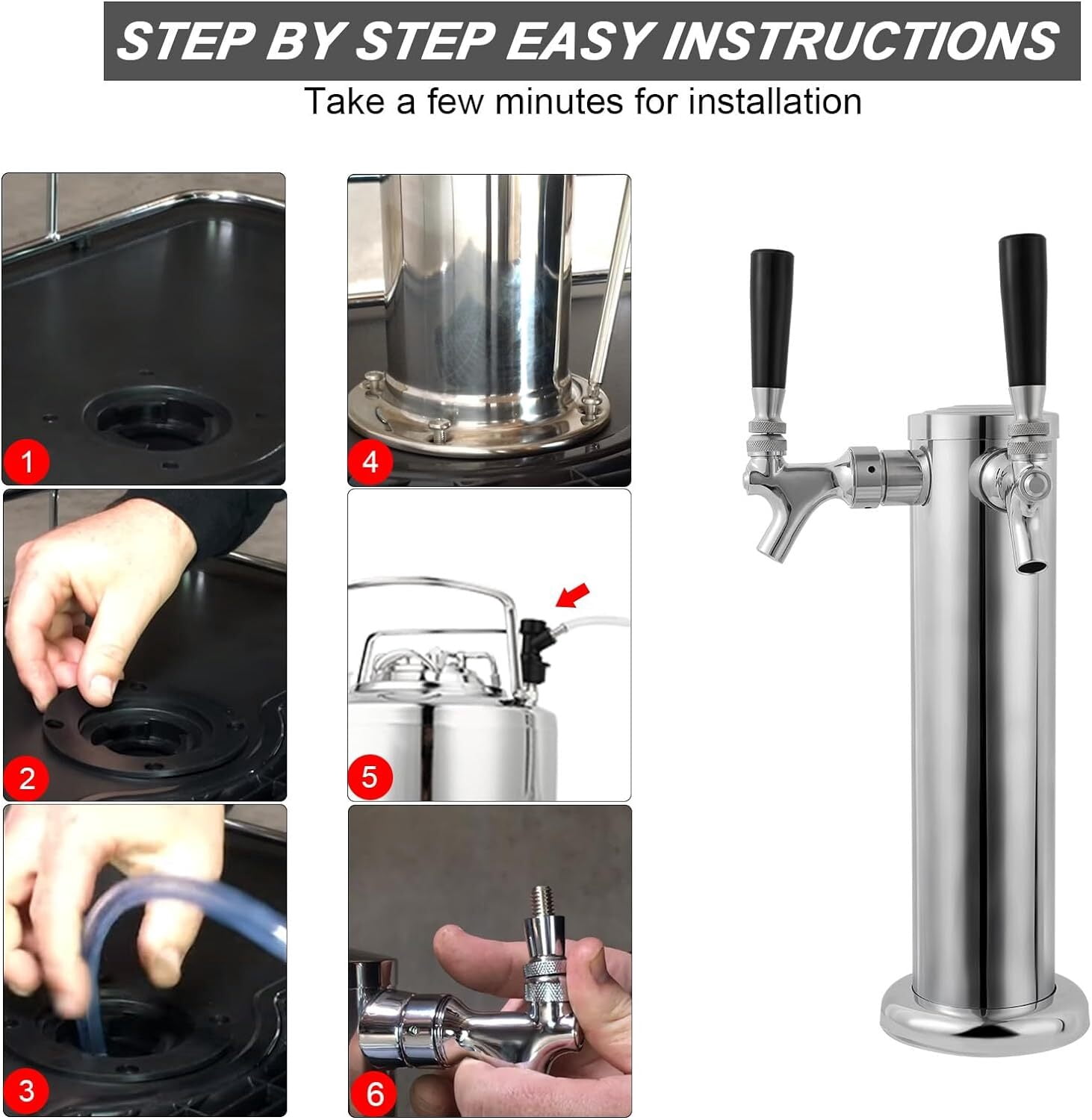 Wellbom Kegerator Tower, Double Tap Beer Tower Stainless Faucet Homebrew Draft Beer Dispenser with Drip Tray